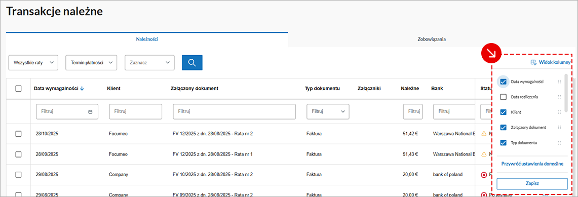 Ekran filtrowania faktur po dacie dokumentu